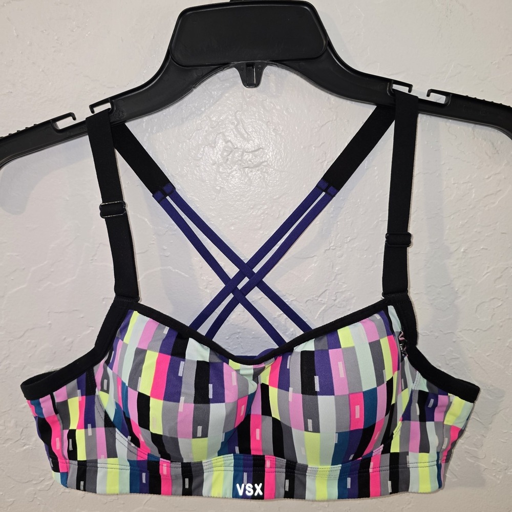 Victoria Secret VSX Glow in the Dark Strappy Back Sport Bra multi color 36A